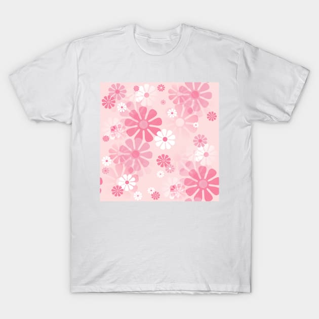 1960's Retro Mod Flowers in Blush Pink and White T-Shirt by MellowCat